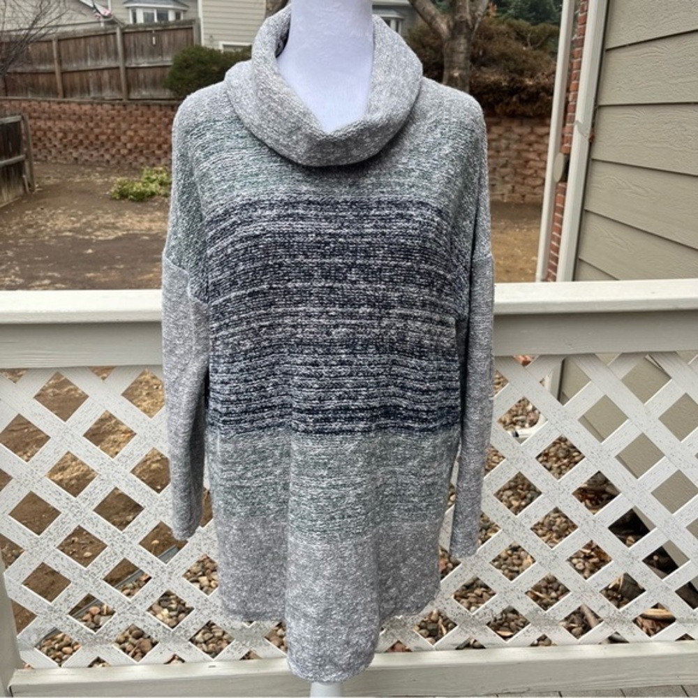 J Jill Cowl Neck 3/4 Sleeve Medium Gray Blue Striped‎ Tunic Sweater Wool Blend